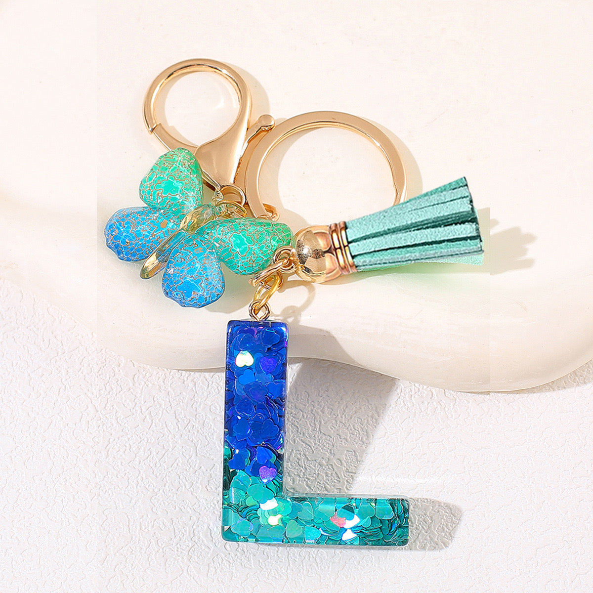 Glitter Resin Letter Keychain – Blue & Green Butterfly Charm