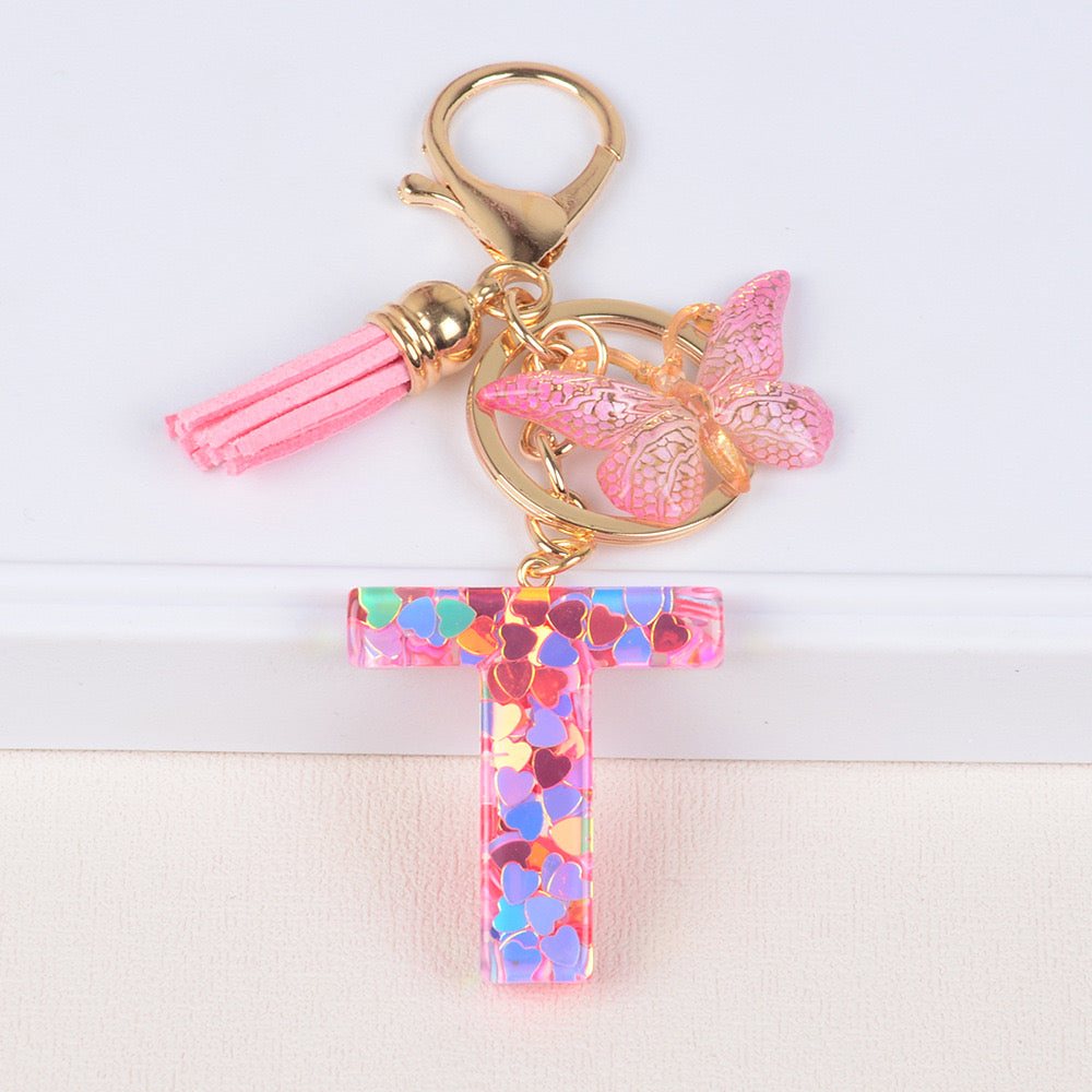Pink Heart Glitter Resin Initial Keychain – Butterfly & Tassel Gift