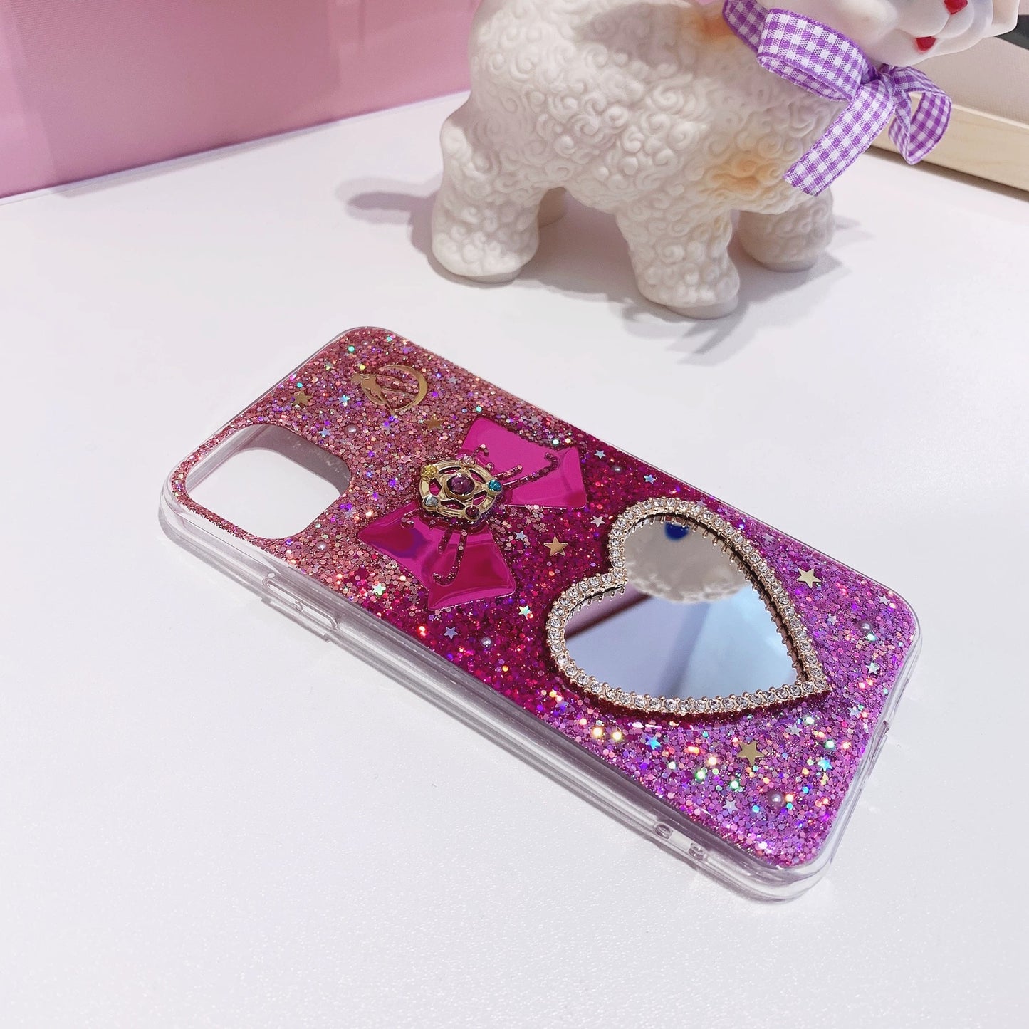 Handmade Sailor Moon Glitter Phone Case – Heart Mirror & Bow