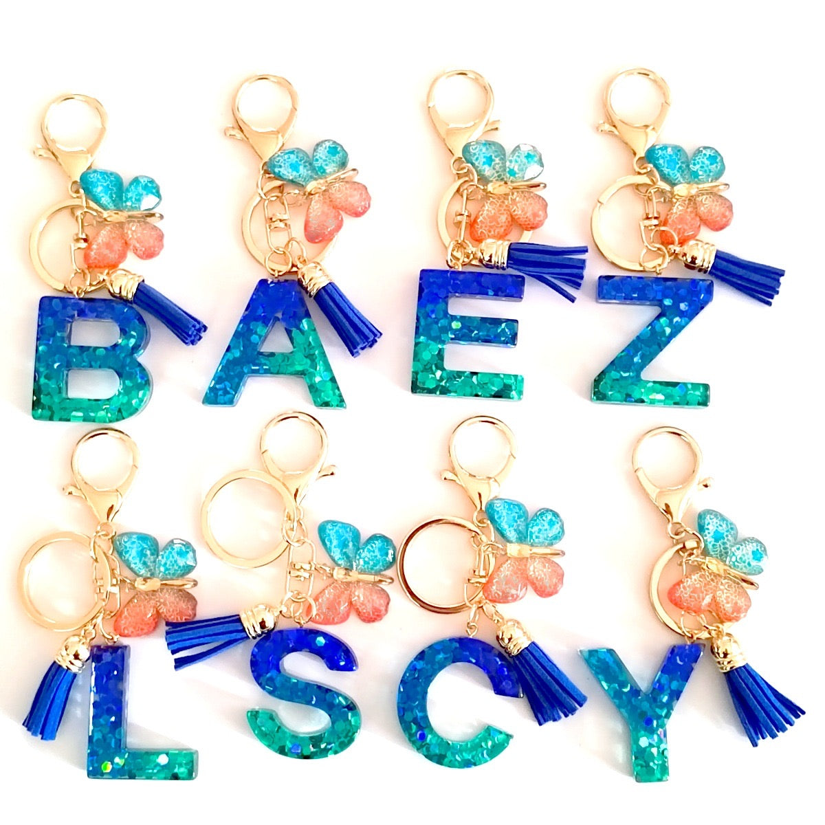 Personalized Resin Initial Keychain – Butterfly Charm, Tassel, Cute Gift Idea