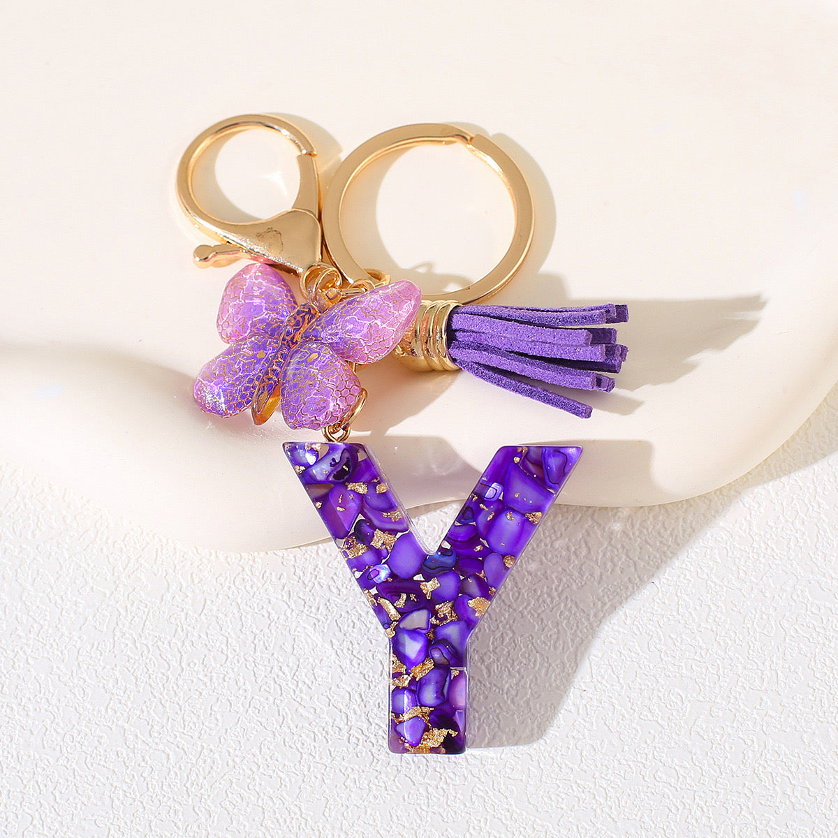 Glitter Letter Keychain – Purple Resin with Butterfly & Tassel