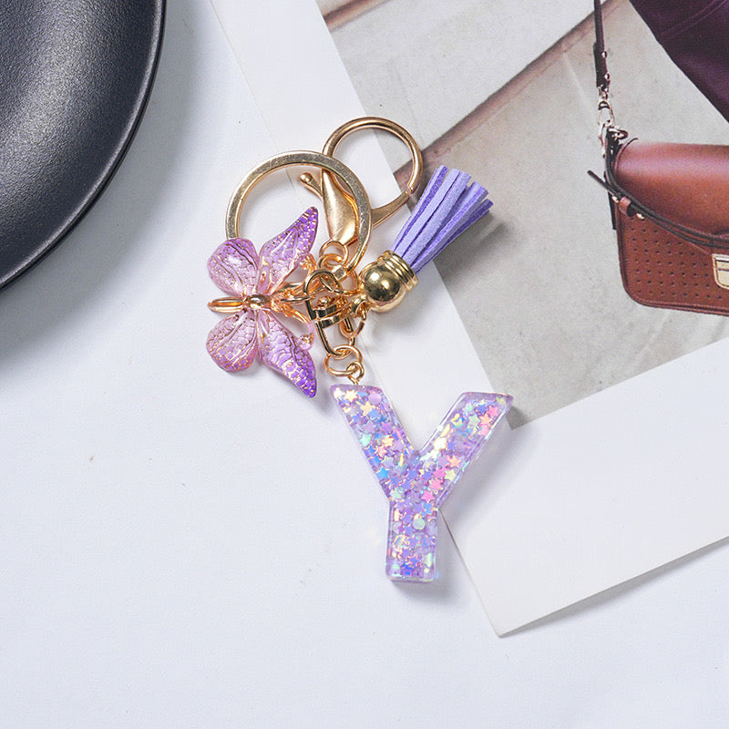 Purple Glitter Resin Initial Keychain – Butterfly & Tassel Charm Gift