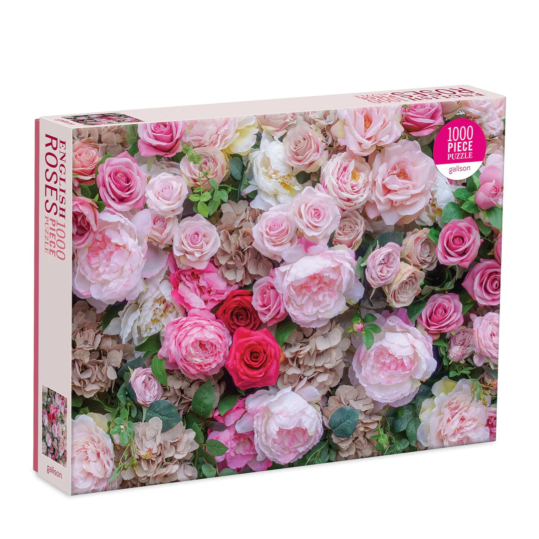 English Roses 1000-piece puzzle by Galison featuring a lush and vibrant floral arrangement of pink, red, and white English garden roses.