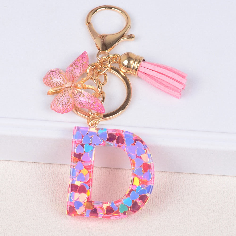 Pink Heart Glitter Resin Initial Keychain – Butterfly & Tassel Gift