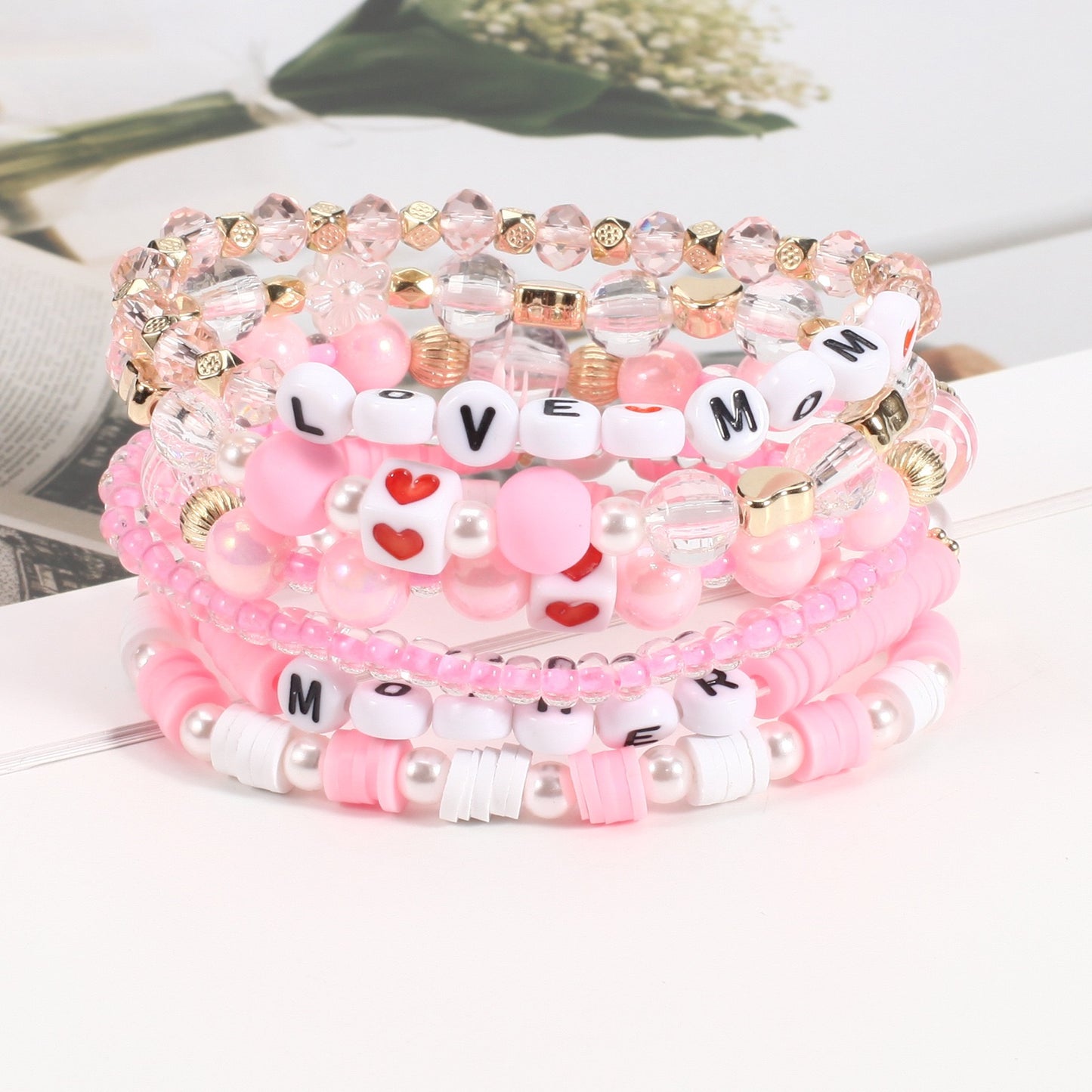 Mother’s Day Bracelet Stack – Pink & Gold Beaded Jewelry for Mom