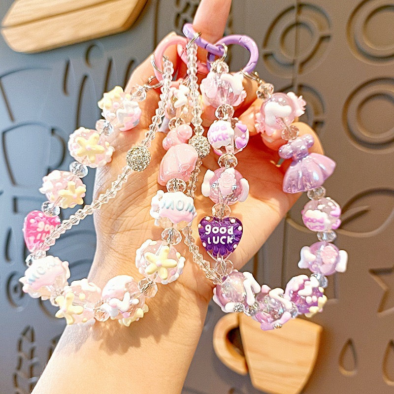 Colorful Beaded Phone Lanyard โ Kawaii Charm Wrist Strap
