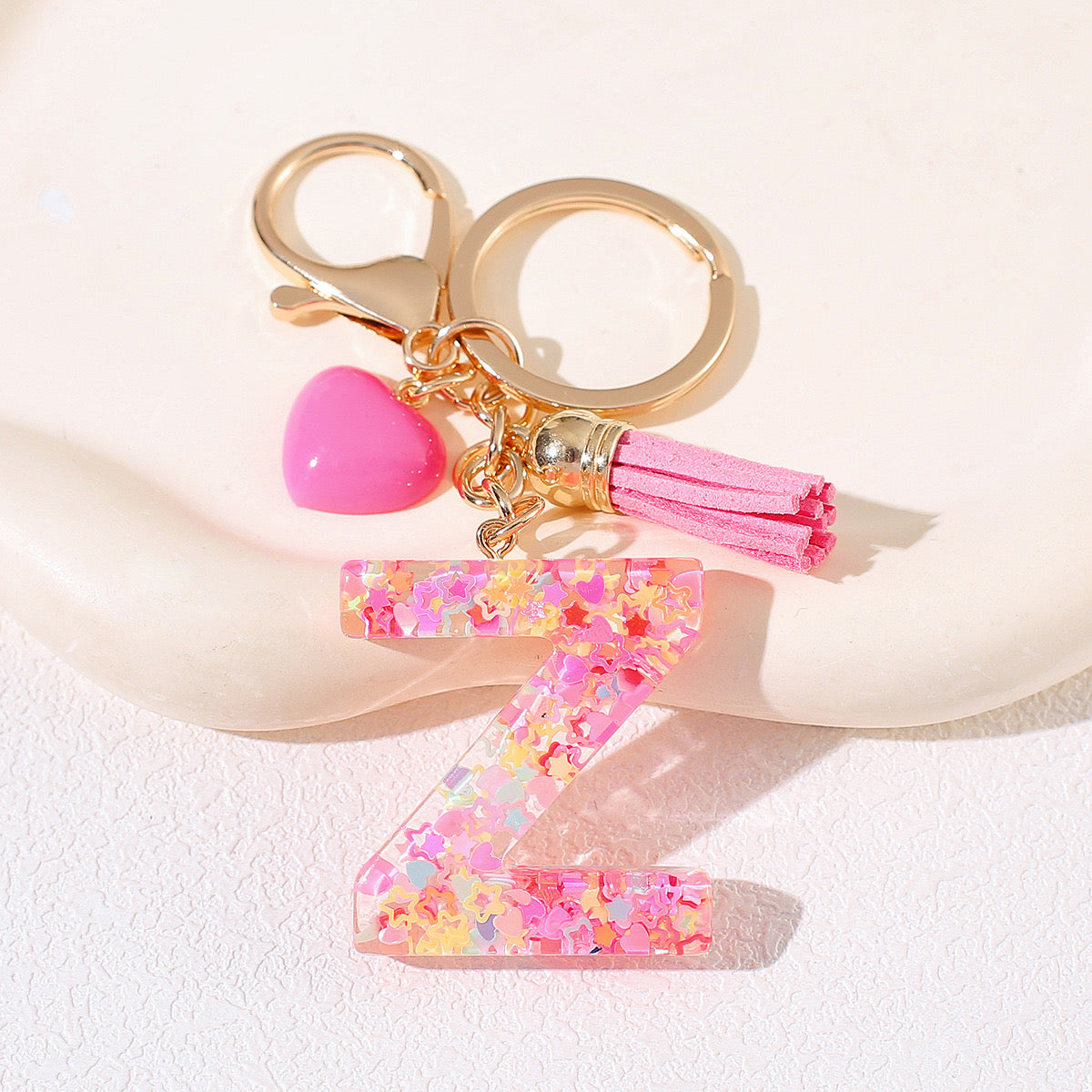 Pink Glitter Resin Initial Keychain – Heart & Tassel Charm