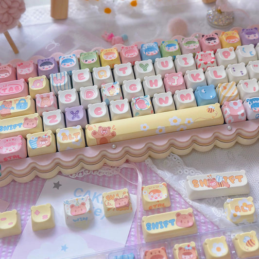 Kawaii Bear Keycaps – Pastel PBT Set for Mechanical Keyboards