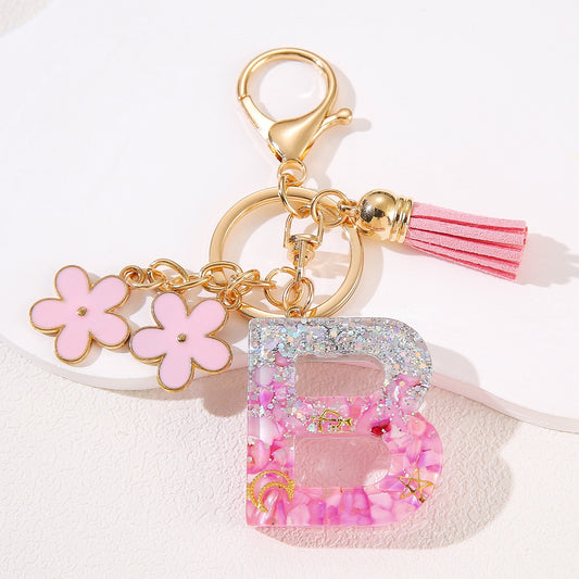 Glitter Resin Letter Keychain – Pink Flower & Tassel Charm