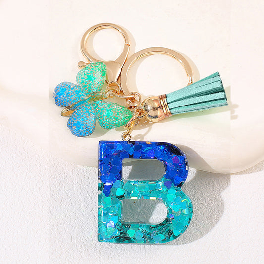 Glitter Resin Letter Keychain – Blue & Green Butterfly Charm