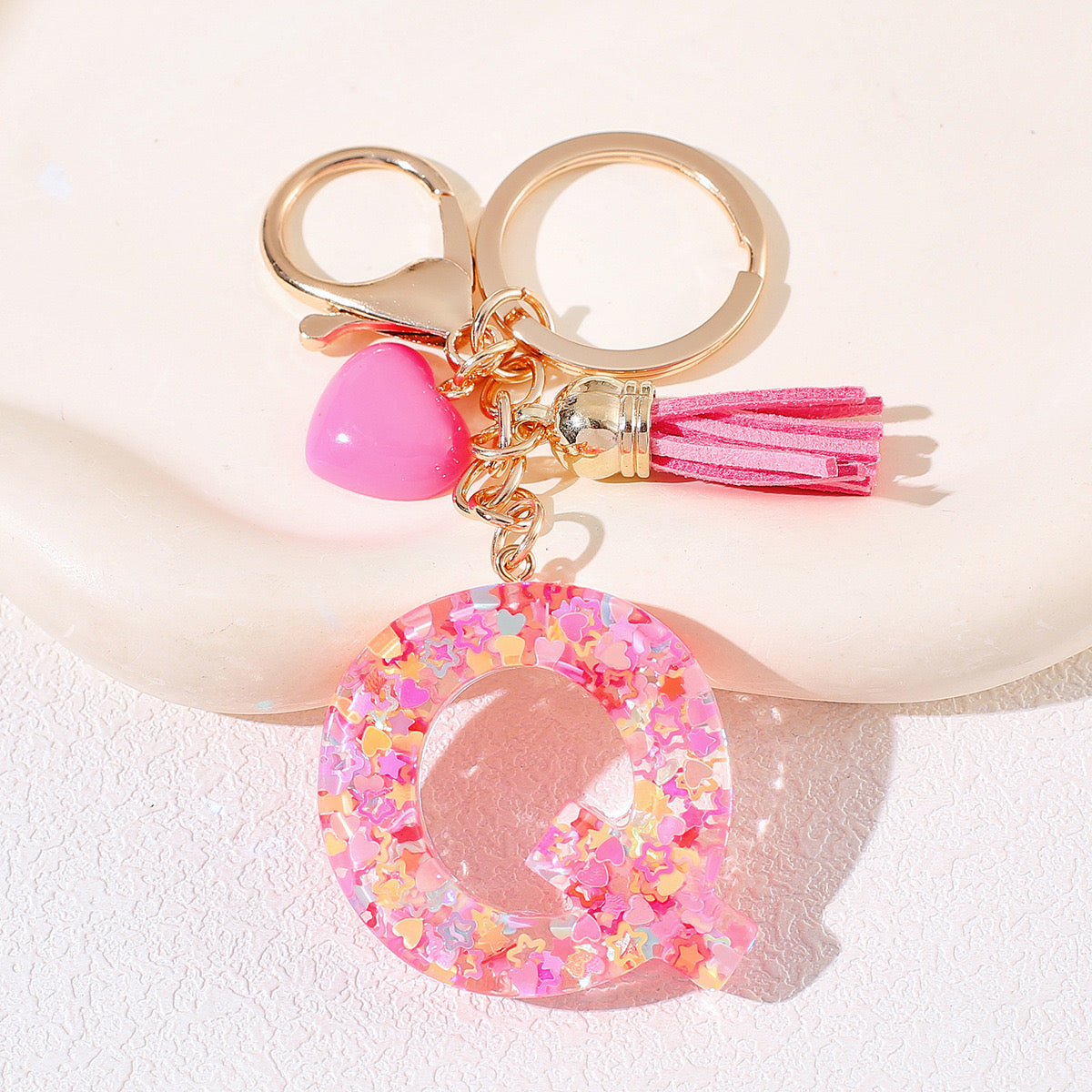 Pink Glitter Resin Initial Keychain – Heart & Tassel Charm