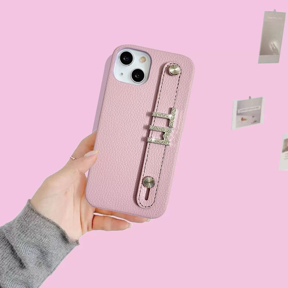 Custom Name Leather Phone Case – Rhinestone Letter Strap Design