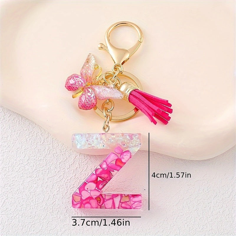 Hot Pink Glitter Resin Initial Keychain – Butterfly & Tassel Bag Charm