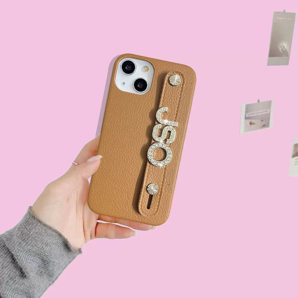 Custom Name Leather Phone Case – Rhinestone Letter Strap Design