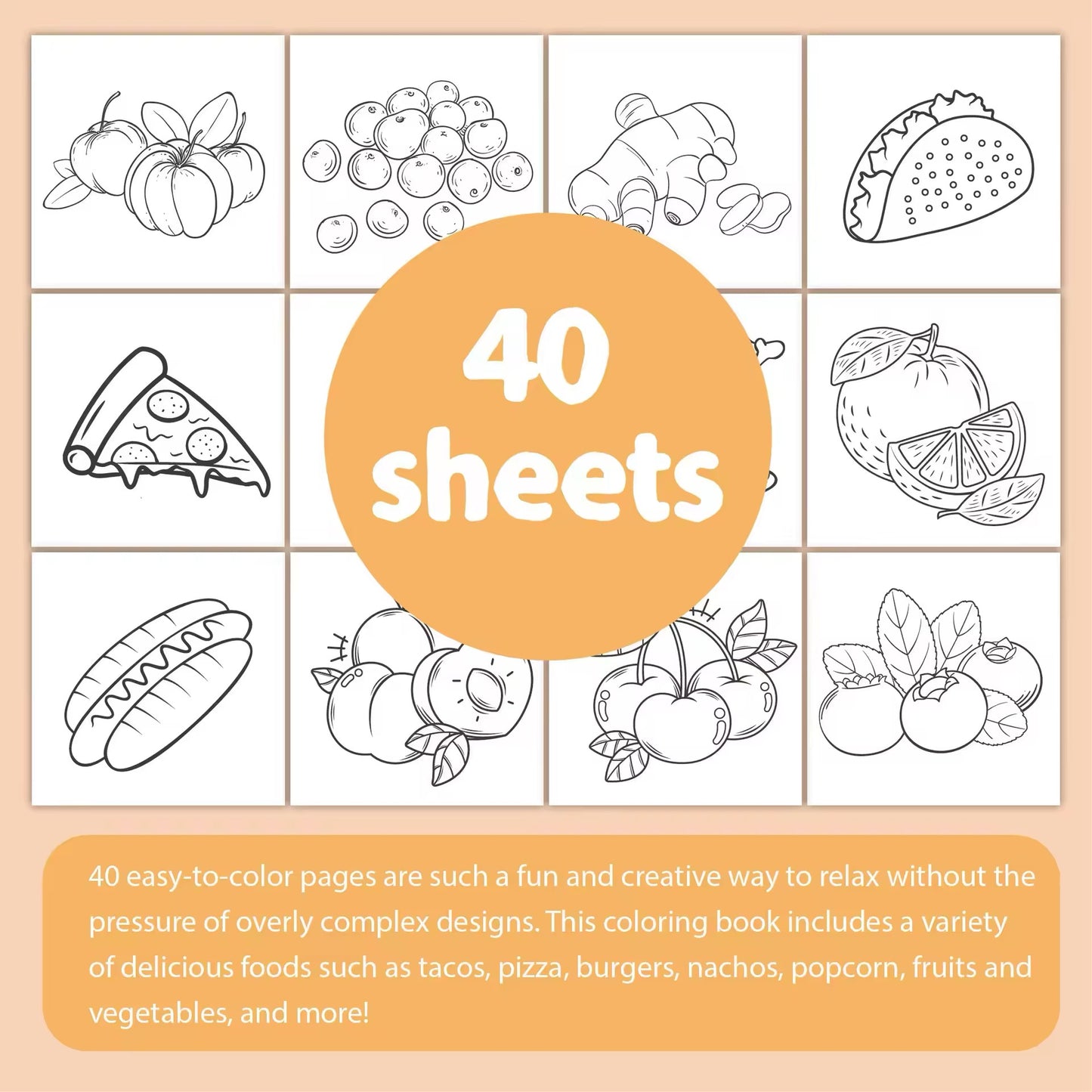 Food & Fruit Coloring Book – Fun & Easy Themed Illustrations
