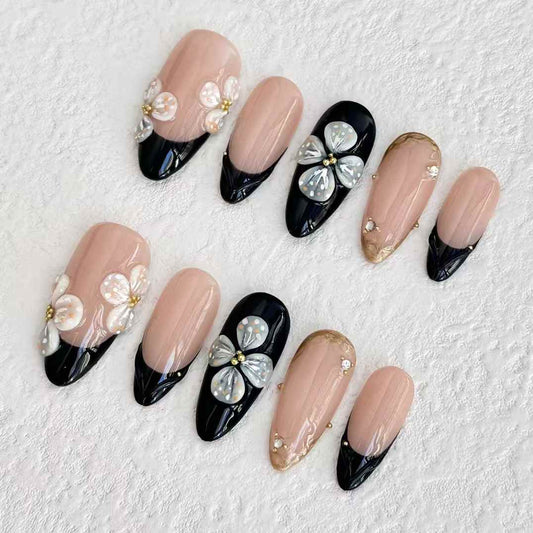Black & Nude 3D Floral Press-On Nails