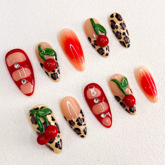 Cherry Leopard Nail Art Press-Ons V Boutique Studio