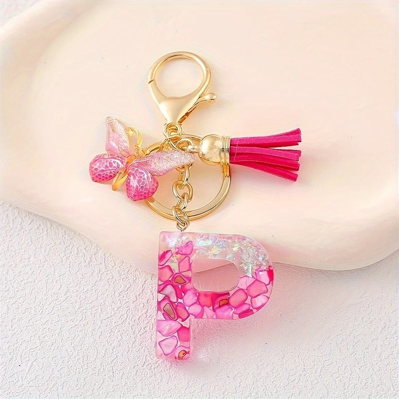 Hot Pink Glitter Resin Initial Keychain – Butterfly & Tassel Bag Charm