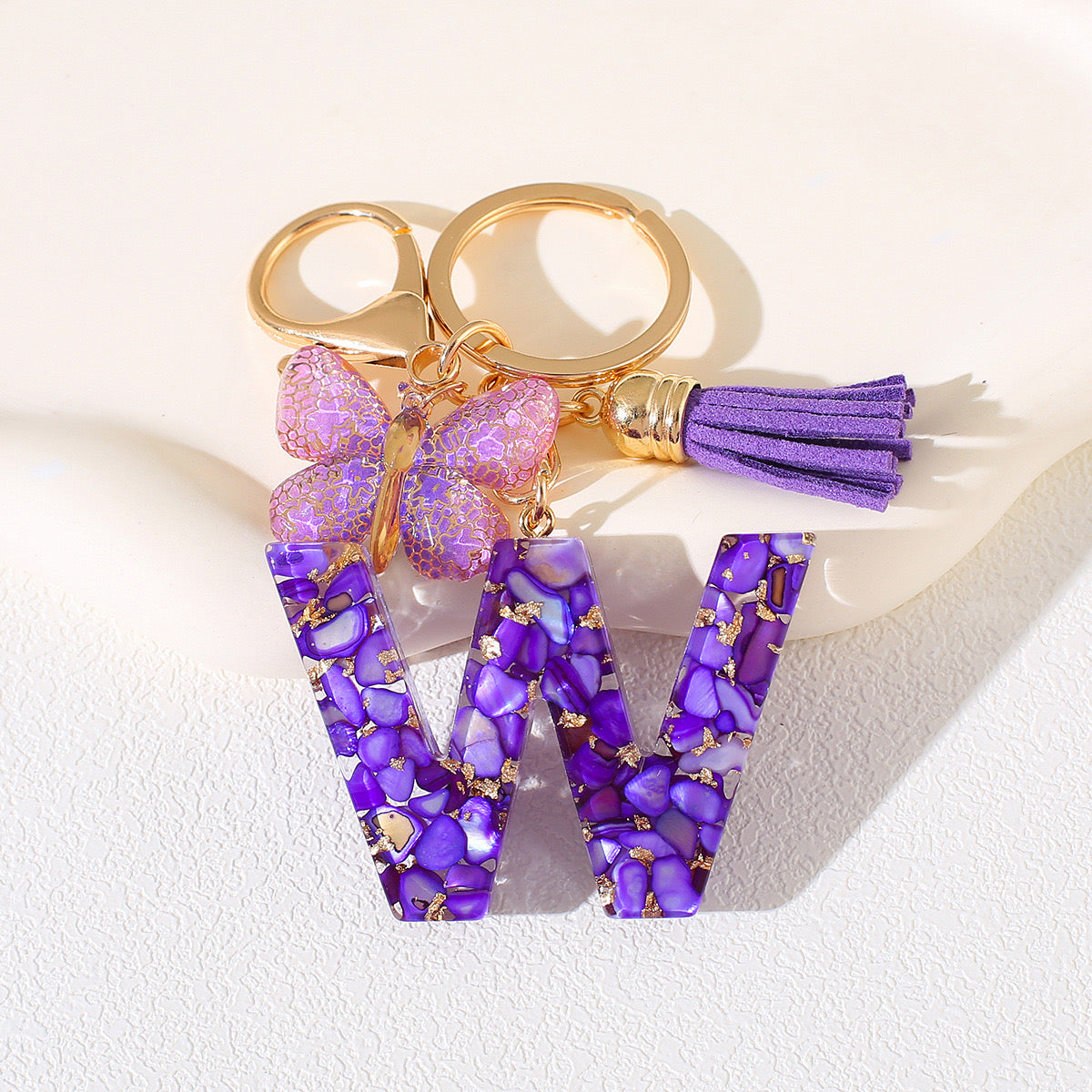 Glitter Letter Keychain – Purple Resin with Butterfly & Tassel