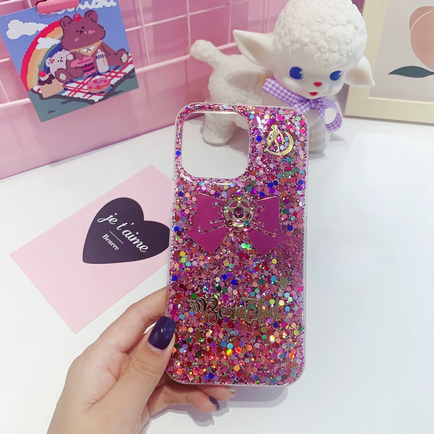Handmade Sailor Moon Glitter Phone Case – Bow Charm & Sparkle Design