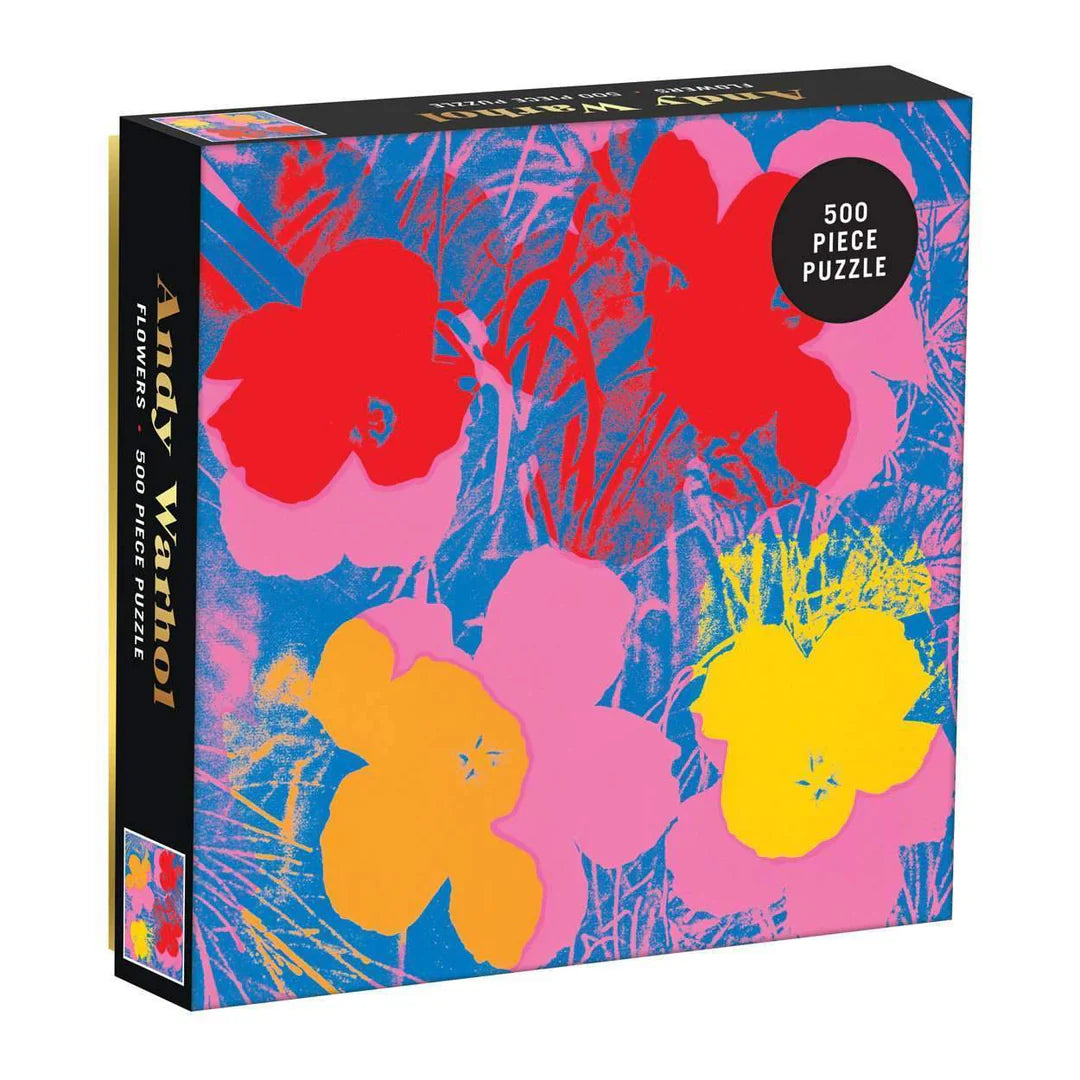 Andy Warhol Flowers 500 Piece Puzzle – Vibrant Pop Art Design with Bold Red, Pink, Yellow, and Orange Flowers on a Blue Background