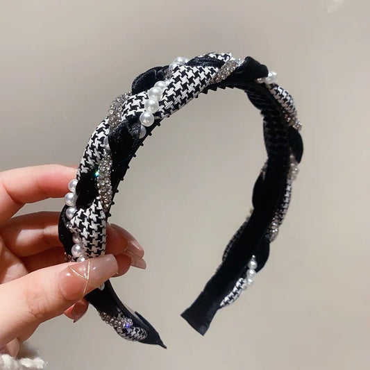Luxury Houndstooth Twist Crystal Pearl Headband - Elegant Fashion Accessory
