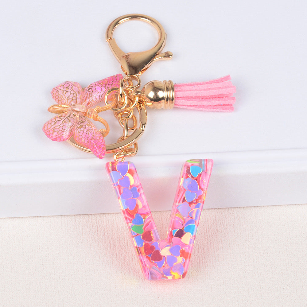 Pink Heart Glitter Resin Initial Keychain – Butterfly & Tassel Gift V Boutique Studio