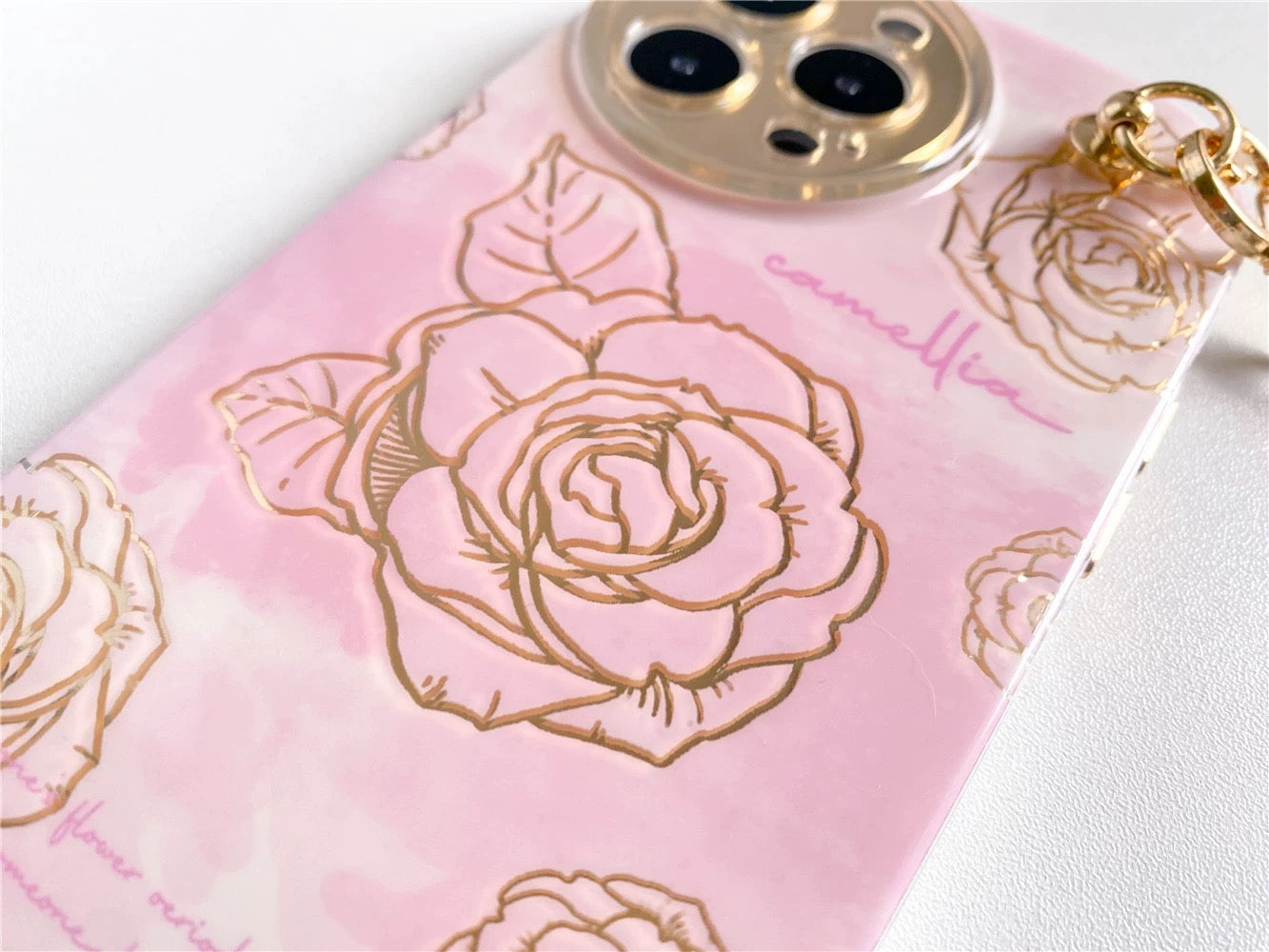 Pink Camellia iPhone Case with Beaded Strap – Elegant & Cute Gift Idea