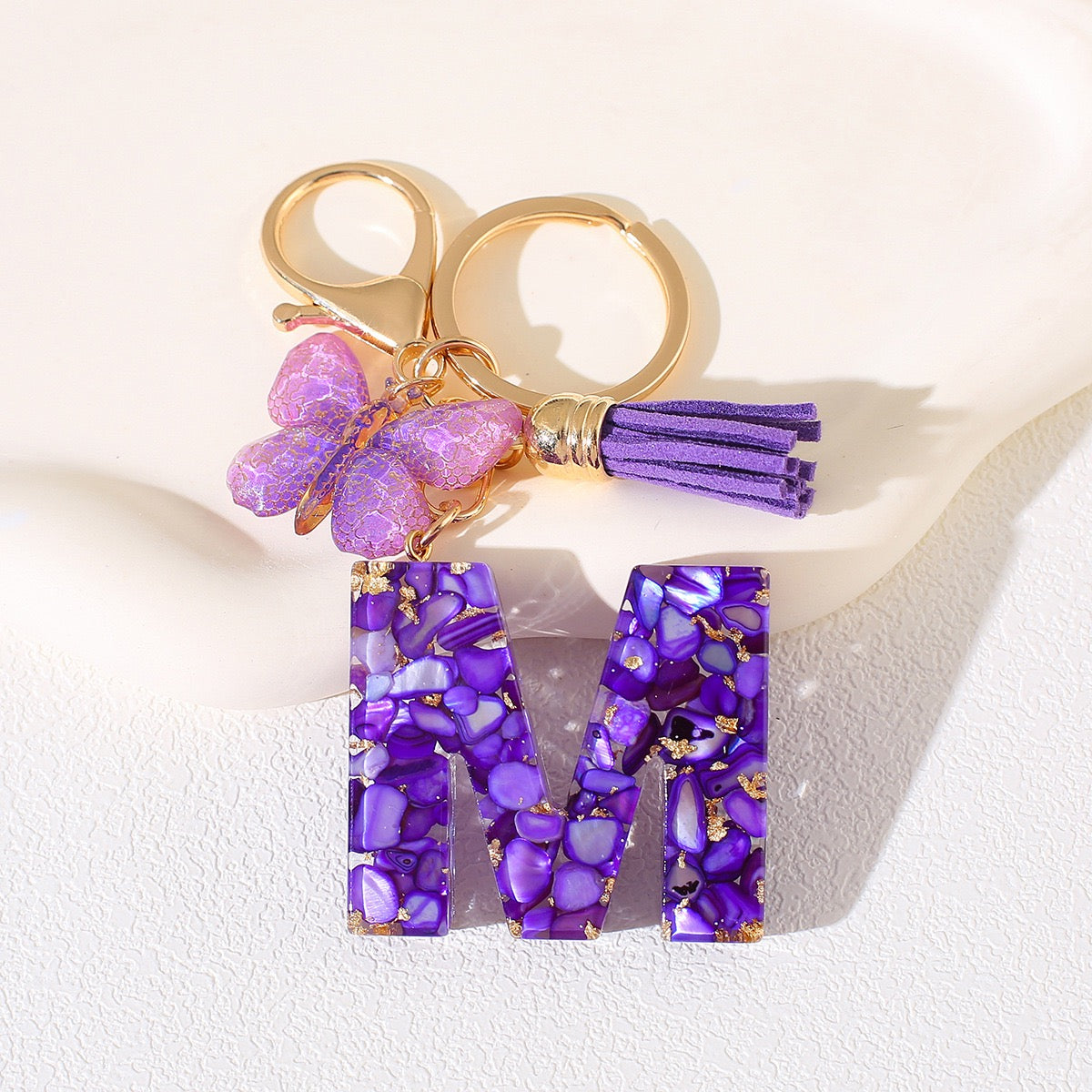 Glitter Letter Keychain – Purple Resin with Butterfly & Tassel