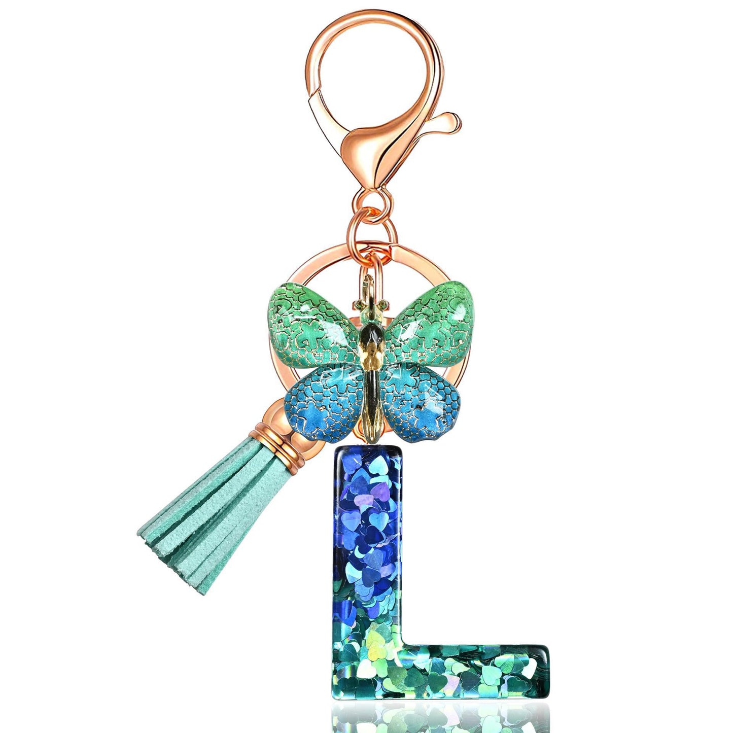 Blue-Green Resin Initial Keychain – Butterfly & Tassel Charm Gift