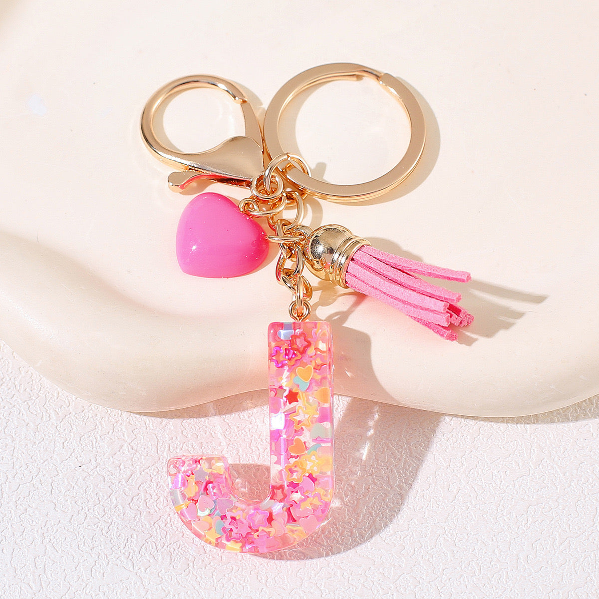 Pink Glitter Resin Initial Keychain – Heart & Tassel Charm