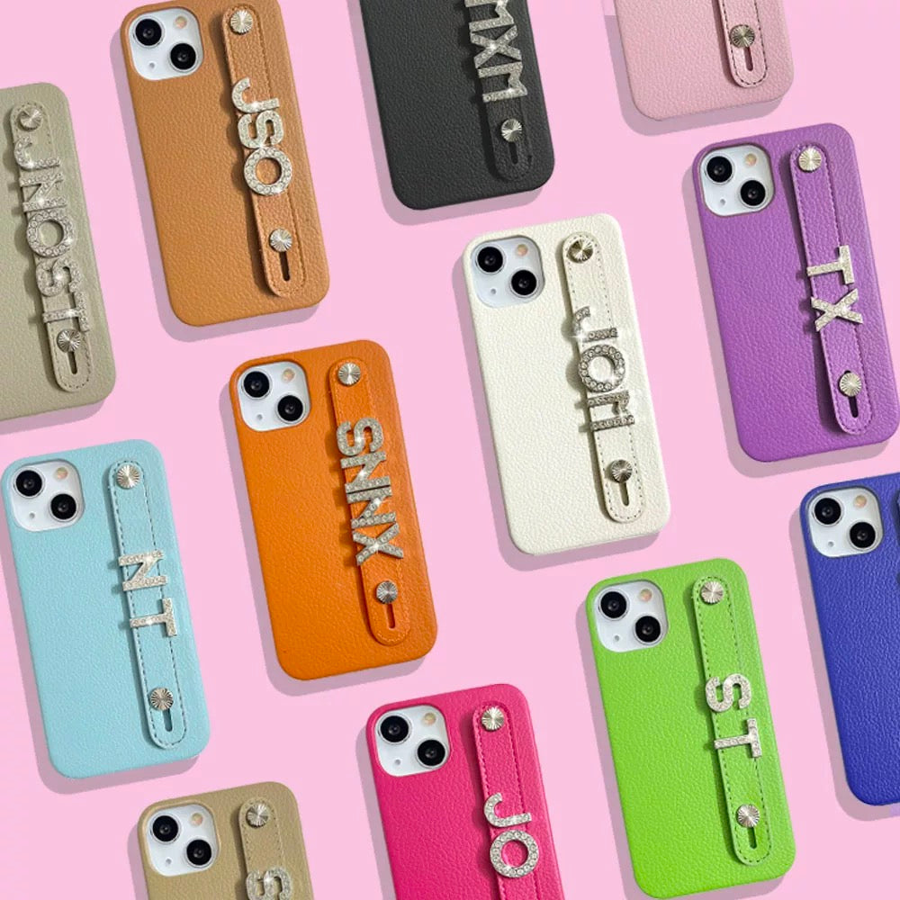 Custom Name Leather Phone Case – Rhinestone Letter Strap Design V Boutique Studio