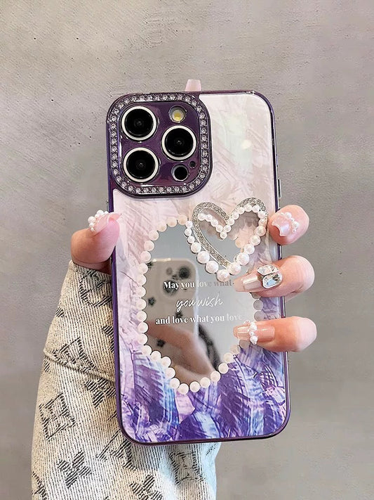 Luxury Rhinestone Makeup Pearl Mirror Phone Case V Boutique Studio