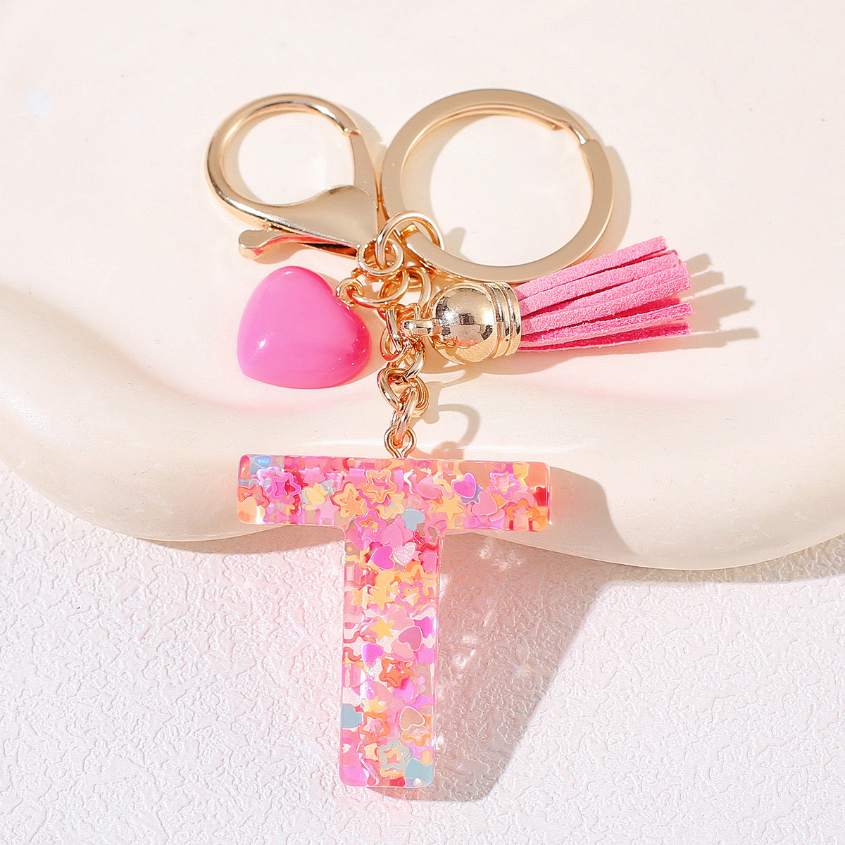 Pink Glitter Resin Initial Keychain – Heart & Tassel Charm