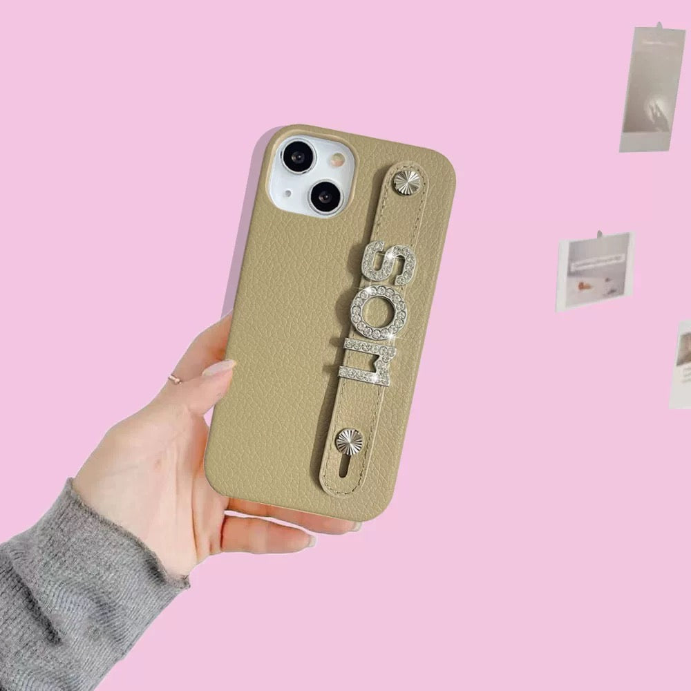 Custom Name Leather Phone Case – Rhinestone Letter Strap Design