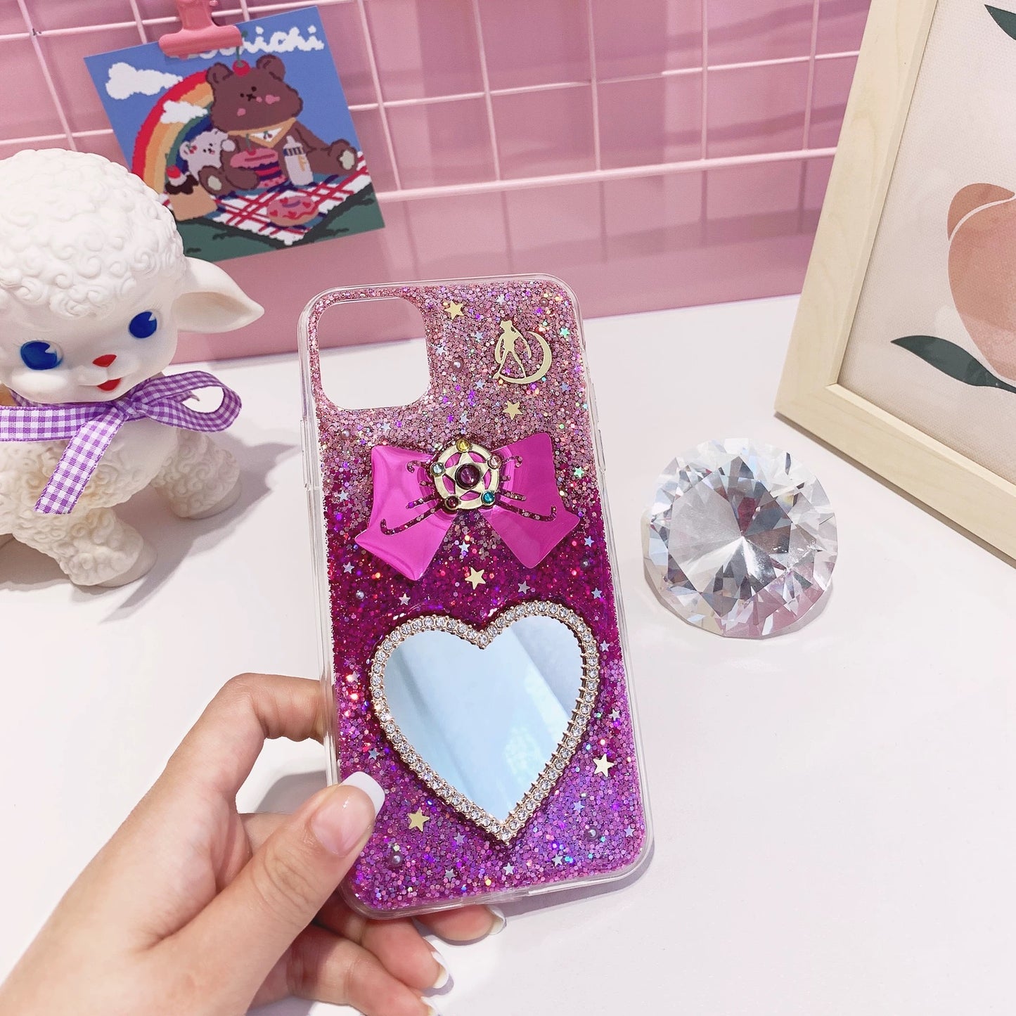 Handmade Sailor Moon Glitter Phone Case – Heart Mirror & Bow