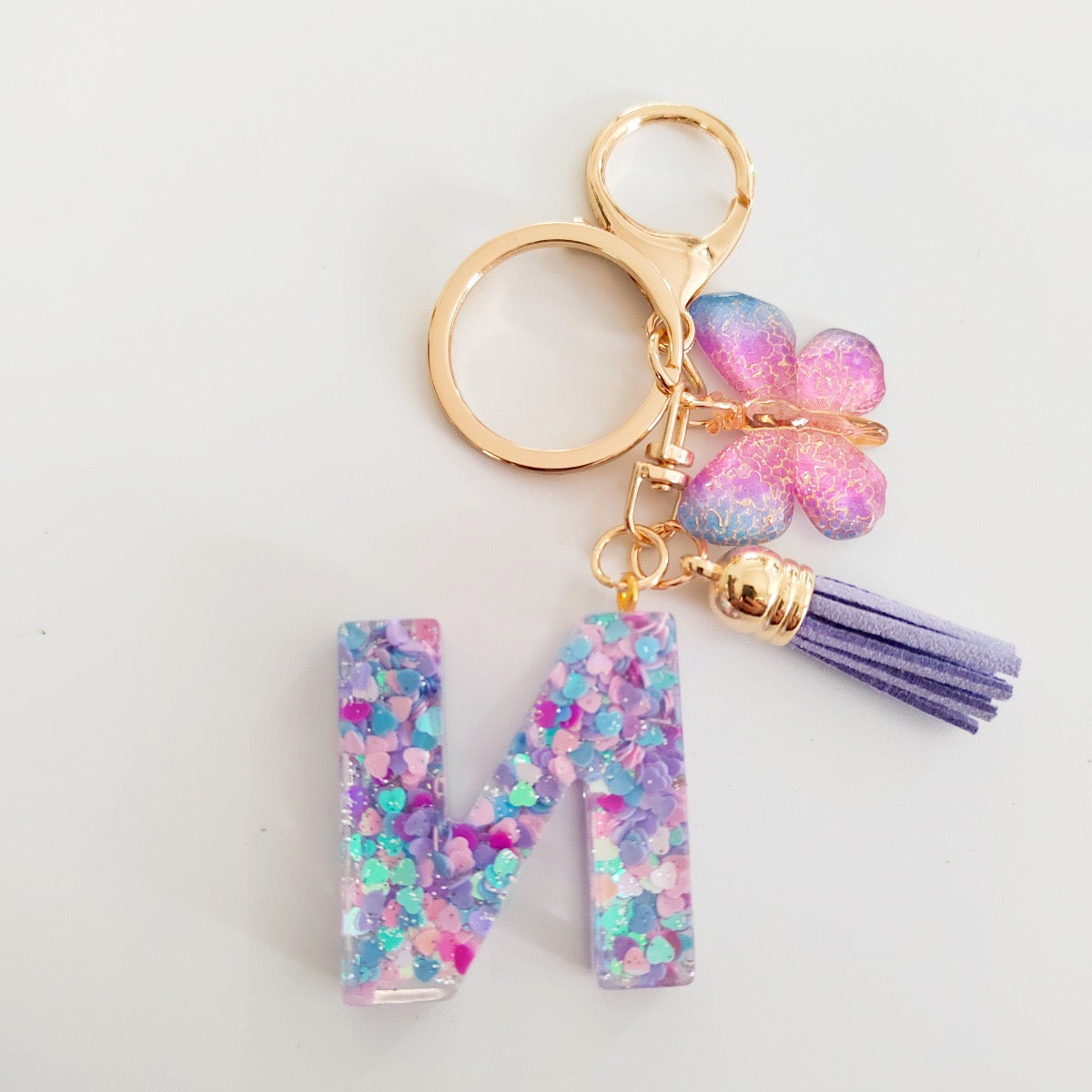 Glitter Resin Letter Keychain – Purple Tassel & Butterfly Charm