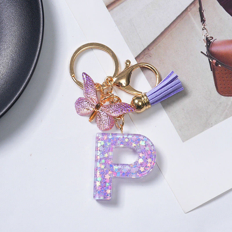 Purple Glitter Resin Initial Keychain – Butterfly & Tassel Charm Gift