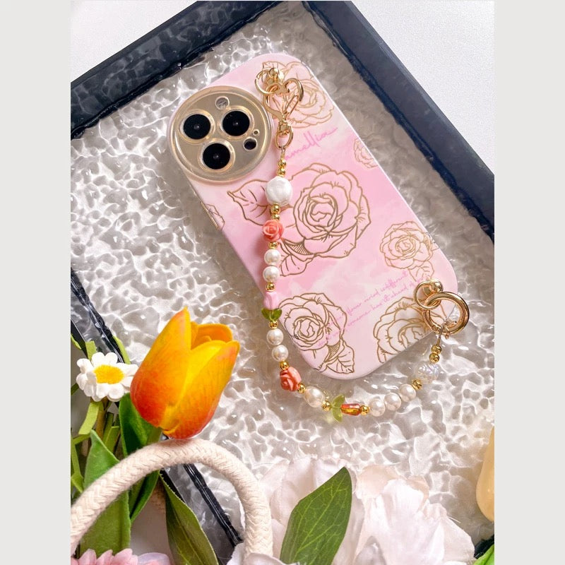 Pink Camellia iPhone Case with Beaded Strap – Elegant & Cute Gift Idea