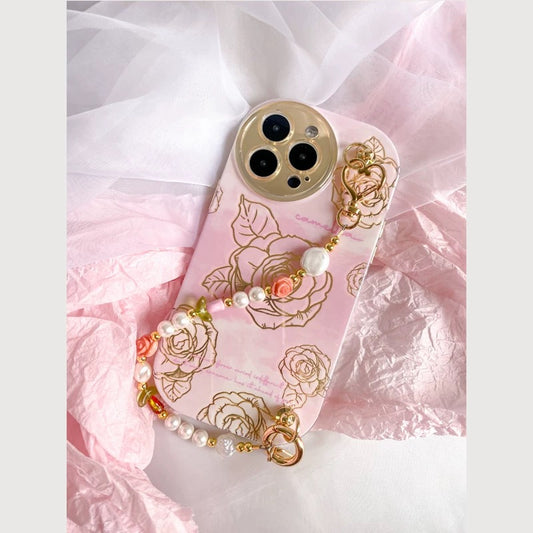 Pink Camellia iPhone Case with Beaded Strap – Elegant & Cute Gift Idea