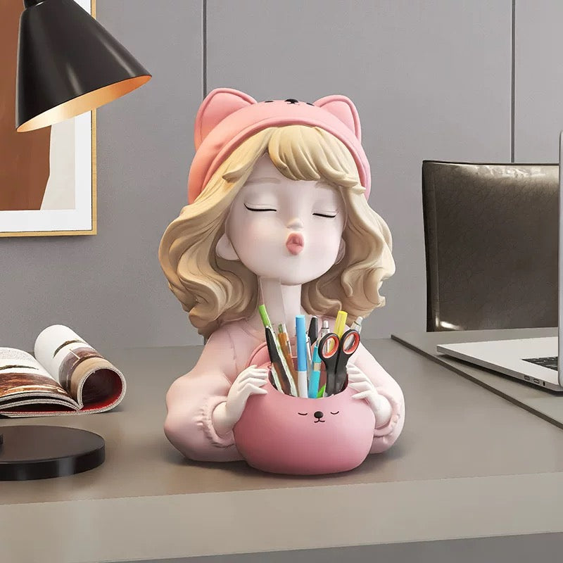 Cute Girl Pen Holder Desk Ornament