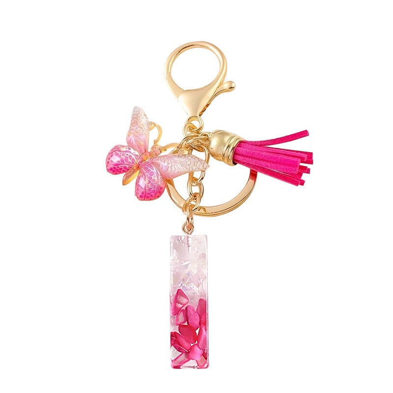 Hot Pink Glitter Resin Initial Keychain – Butterfly & Tassel Bag Charm