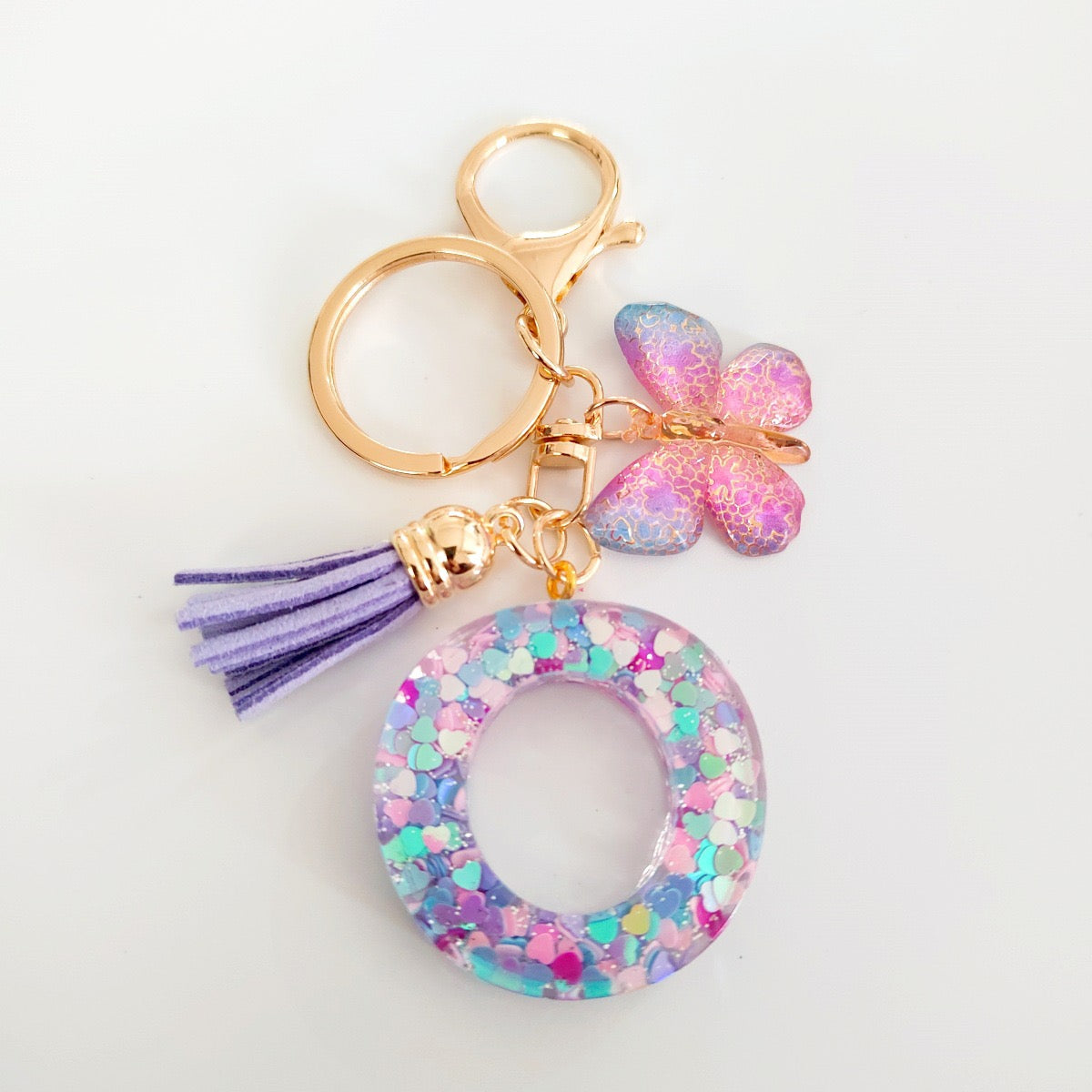 Glitter Resin Letter Keychain – Purple Tassel & Butterfly Charm
