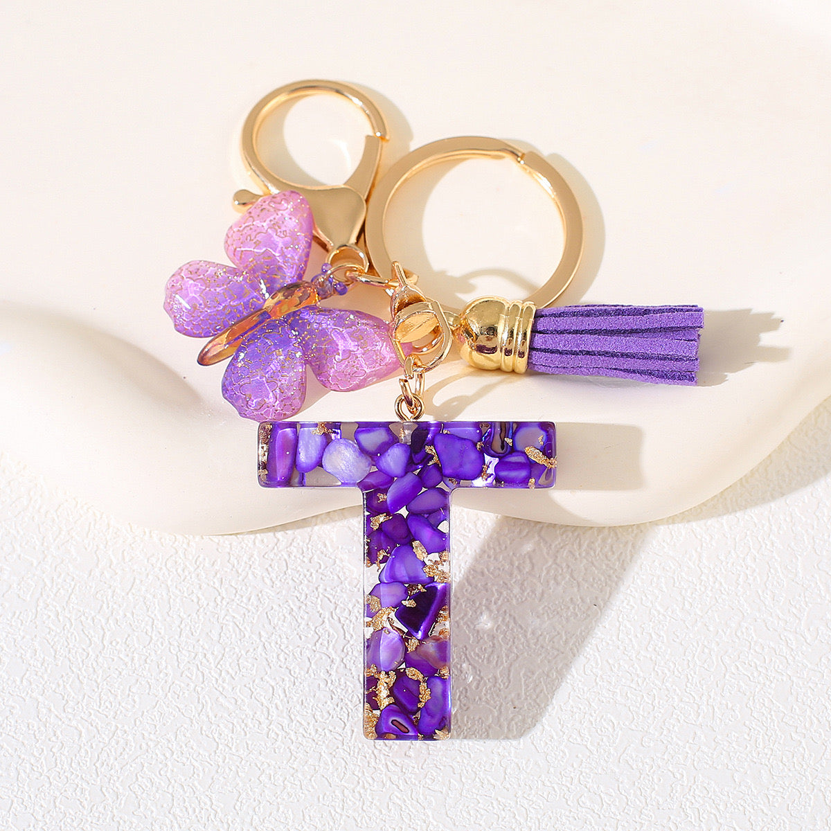 Glitter Letter Keychain – Purple Resin with Butterfly & Tassel