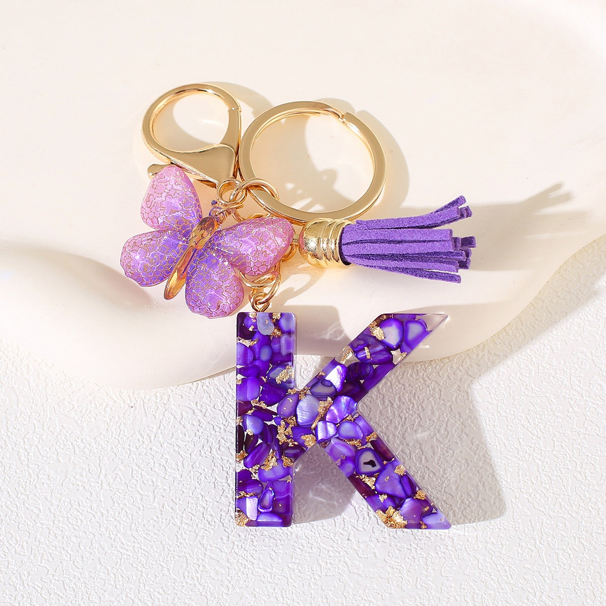 Glitter Letter Keychain – Purple Resin with Butterfly & Tassel