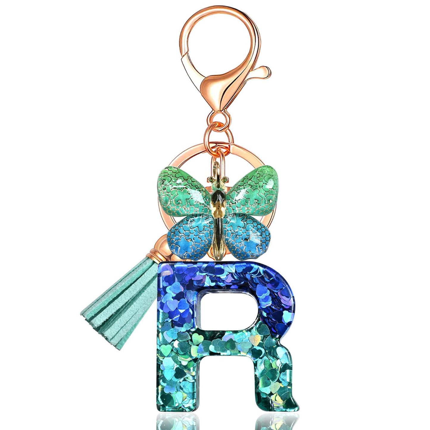Blue-Green Resin Initial Keychain – Butterfly & Tassel Charm Gift