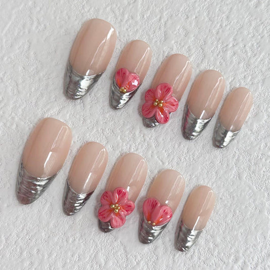 Silver & Pink Floral Press-on Nails V Boutique Studio