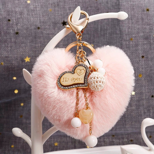 Cute fluffy heart keychain with love charm and tassel – soft plush bag accessory for girls or gift for her