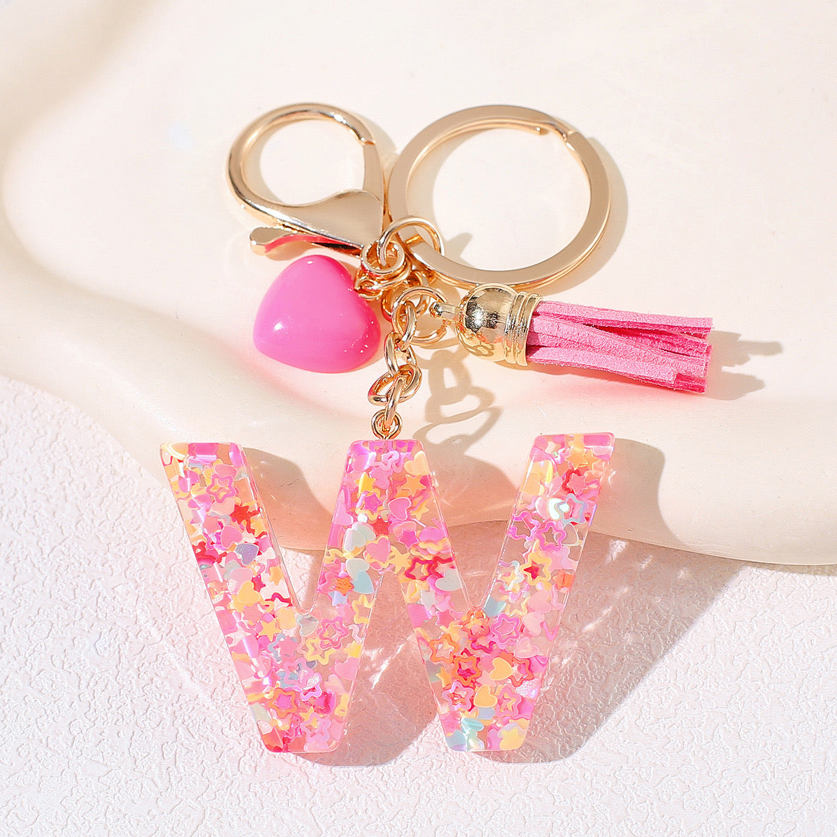 Pink Glitter Resin Initial Keychain – Heart & Tassel Charm