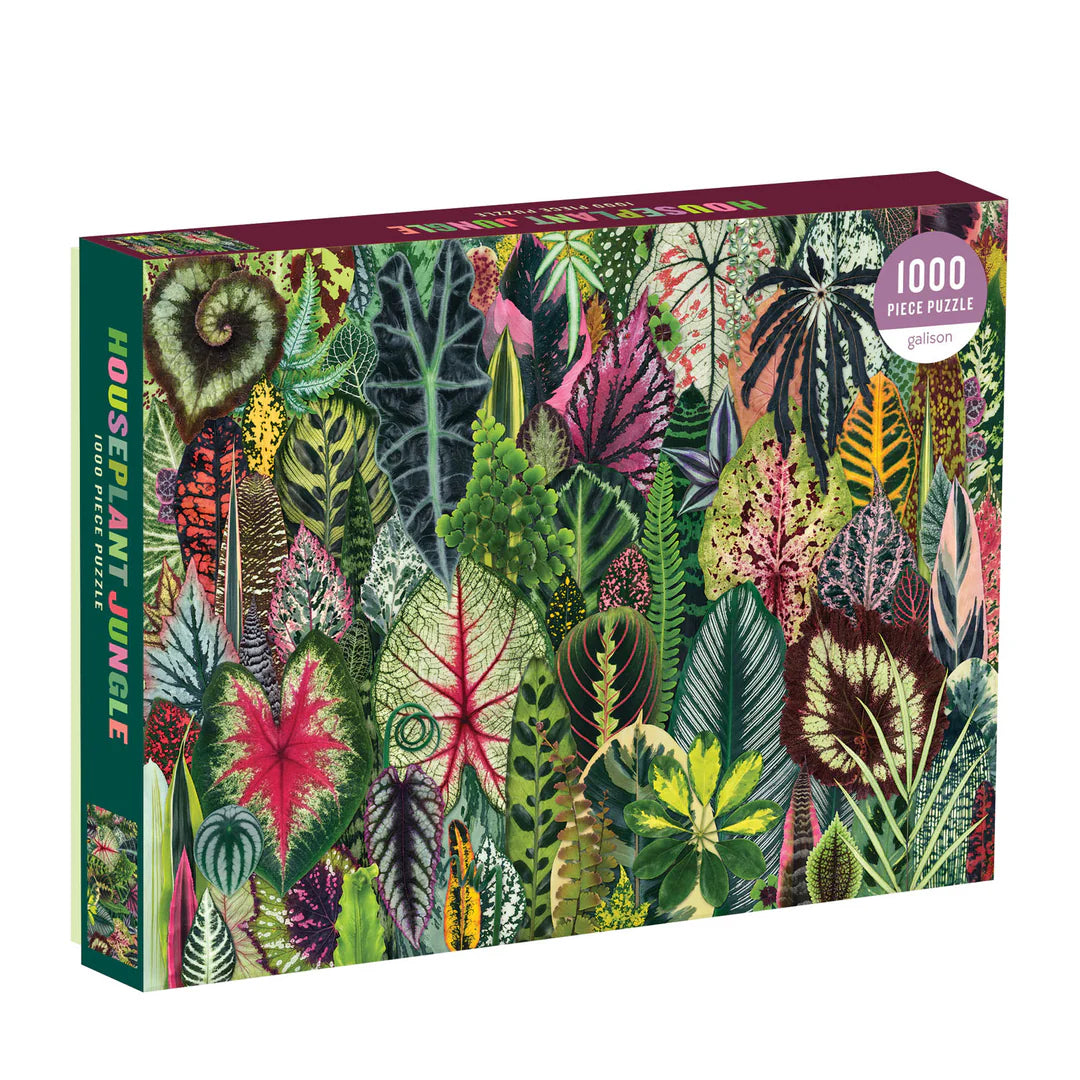 Houseplant Jungle 1000 Piece Puzzle – Lush botanical jigsaw featuring vibrant tropical leaves in rich greens, reds, and purples. A perfect gift for plant lovers and puzzle enthusiasts.